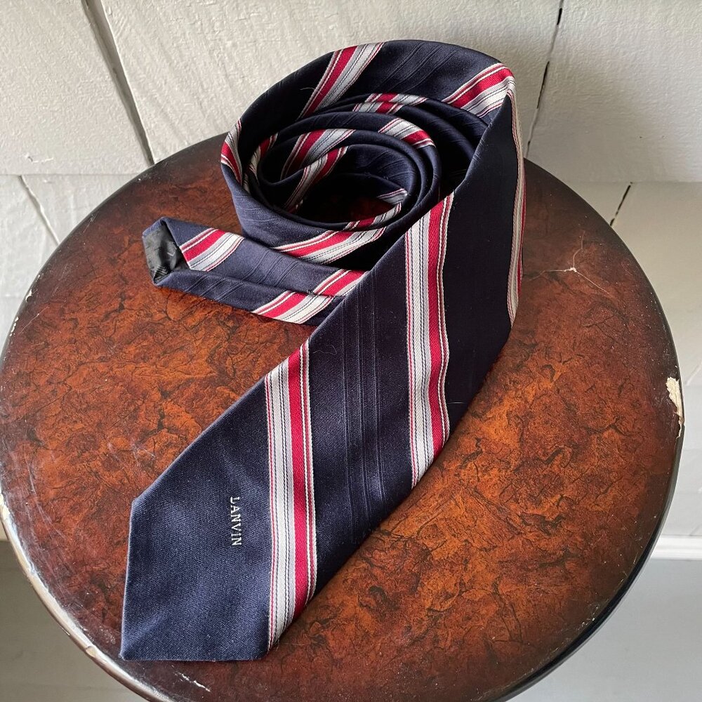 80s Vintage Lanvin Paris Blue Red White Diagonal Stripe Men's Necktie 56 x 3